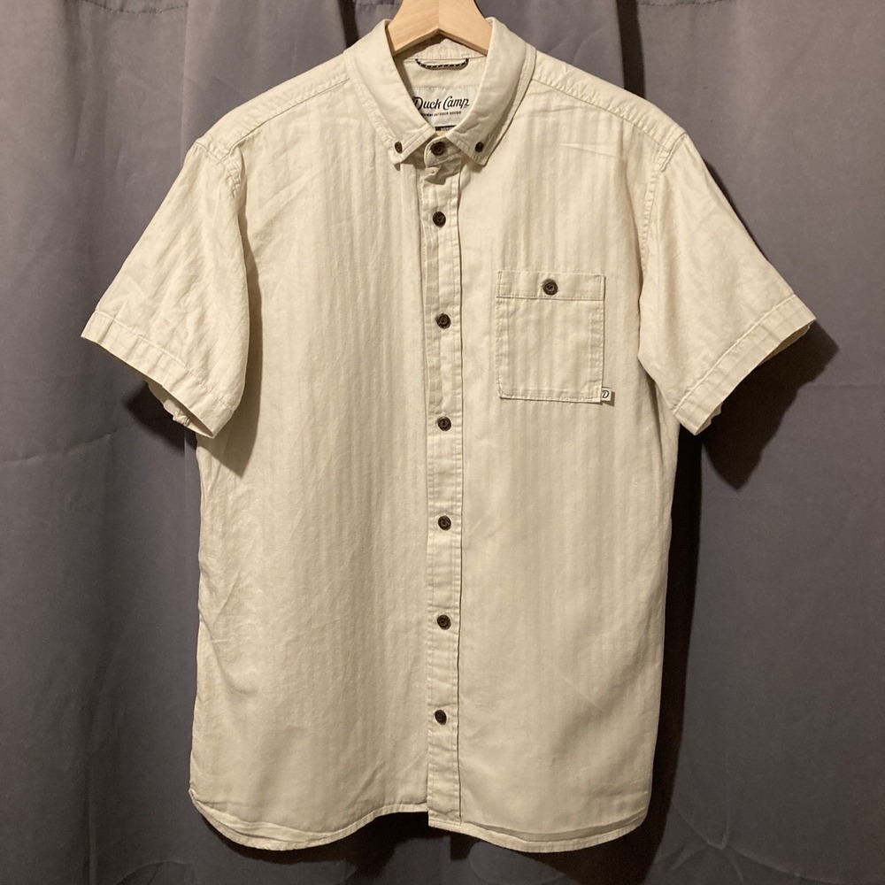 Duck Camp Short Sleeve Button Down Shirt White Mens M Beige Cotton Summer Casual